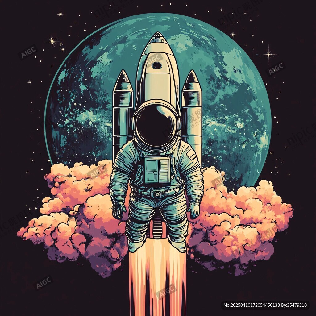 宇航员乘火箭飞向浩瀚宇宙
