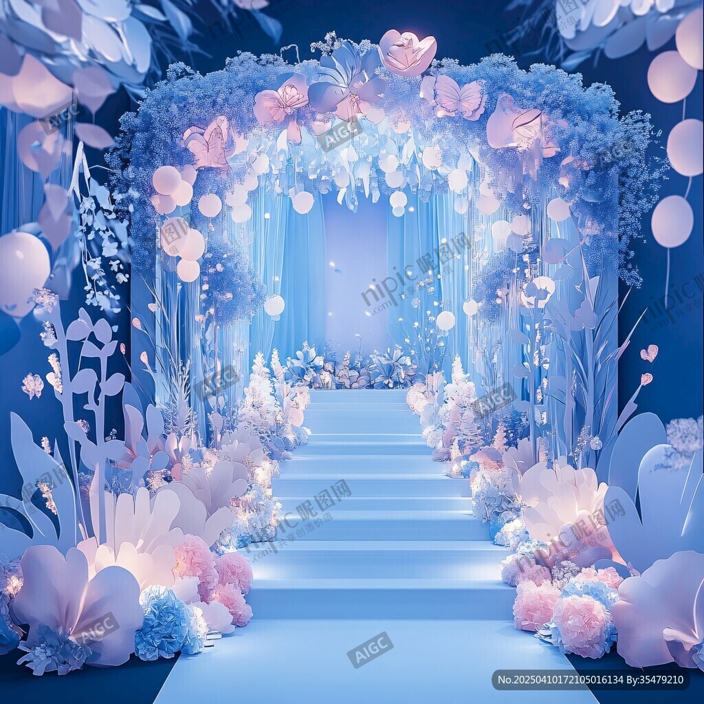 梦幻蓝粉系浪漫婚礼通道