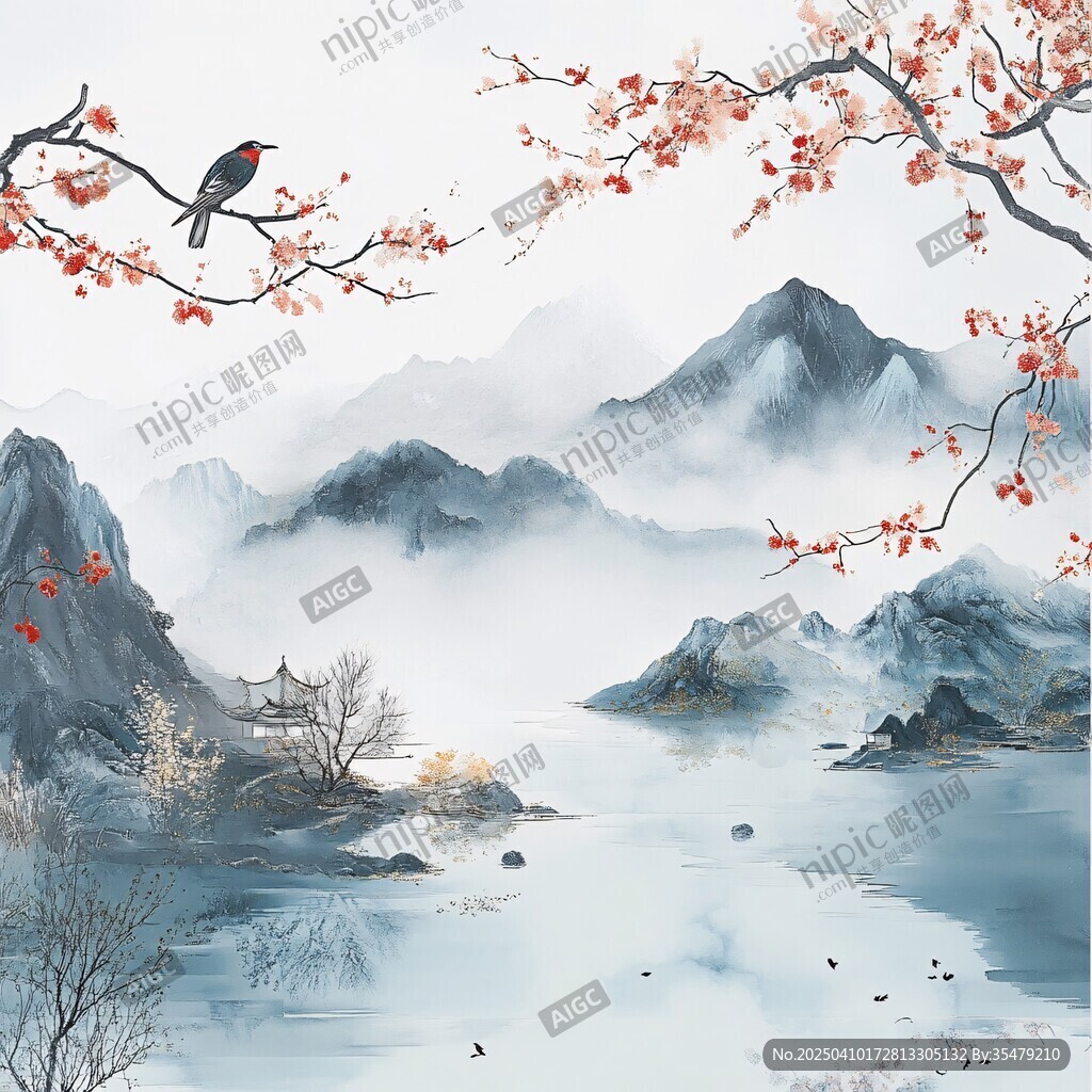 水墨山水间的花鸟春景