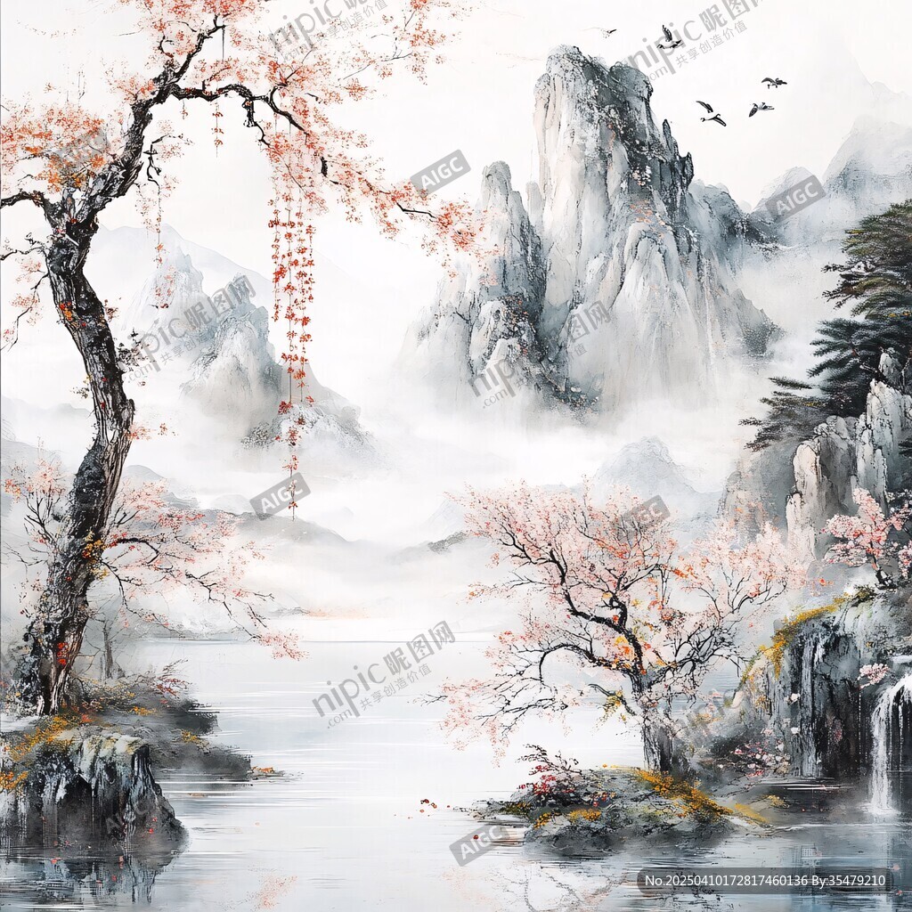 水墨山水间的烂漫花枝