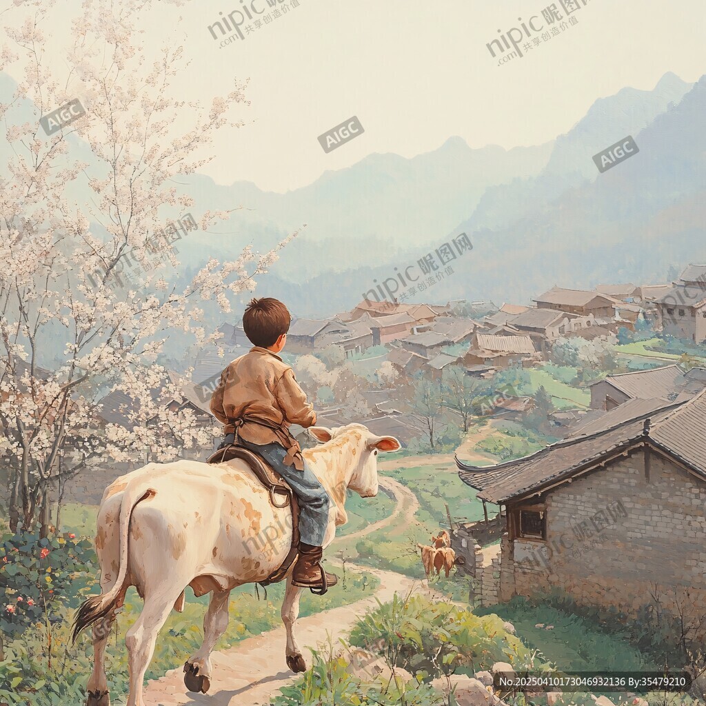 牧童骑牛望山村