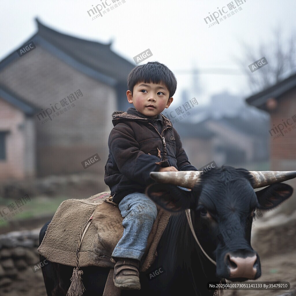乡村孩童骑牛的温馨瞬间