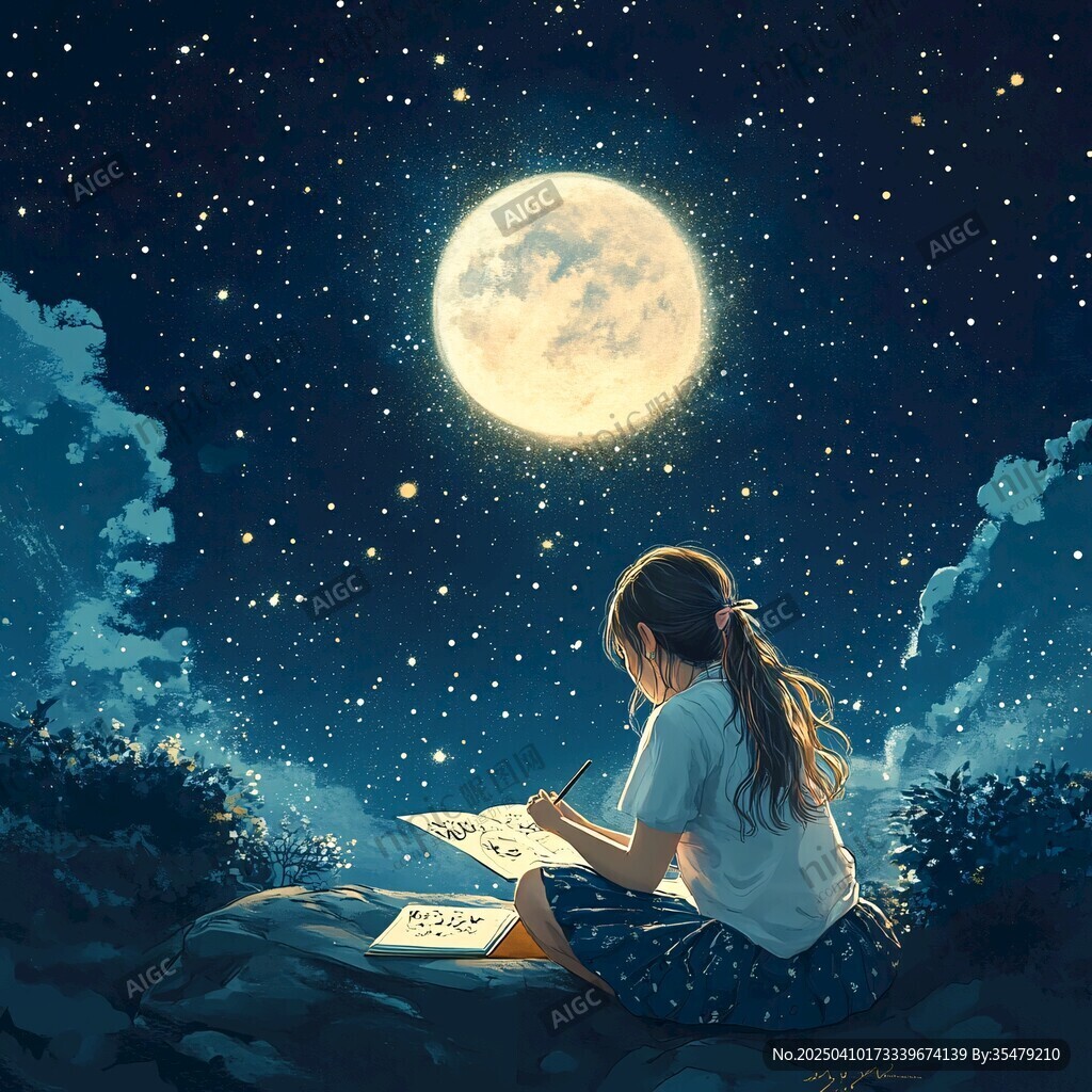 月夜少女的静谧绘画时光