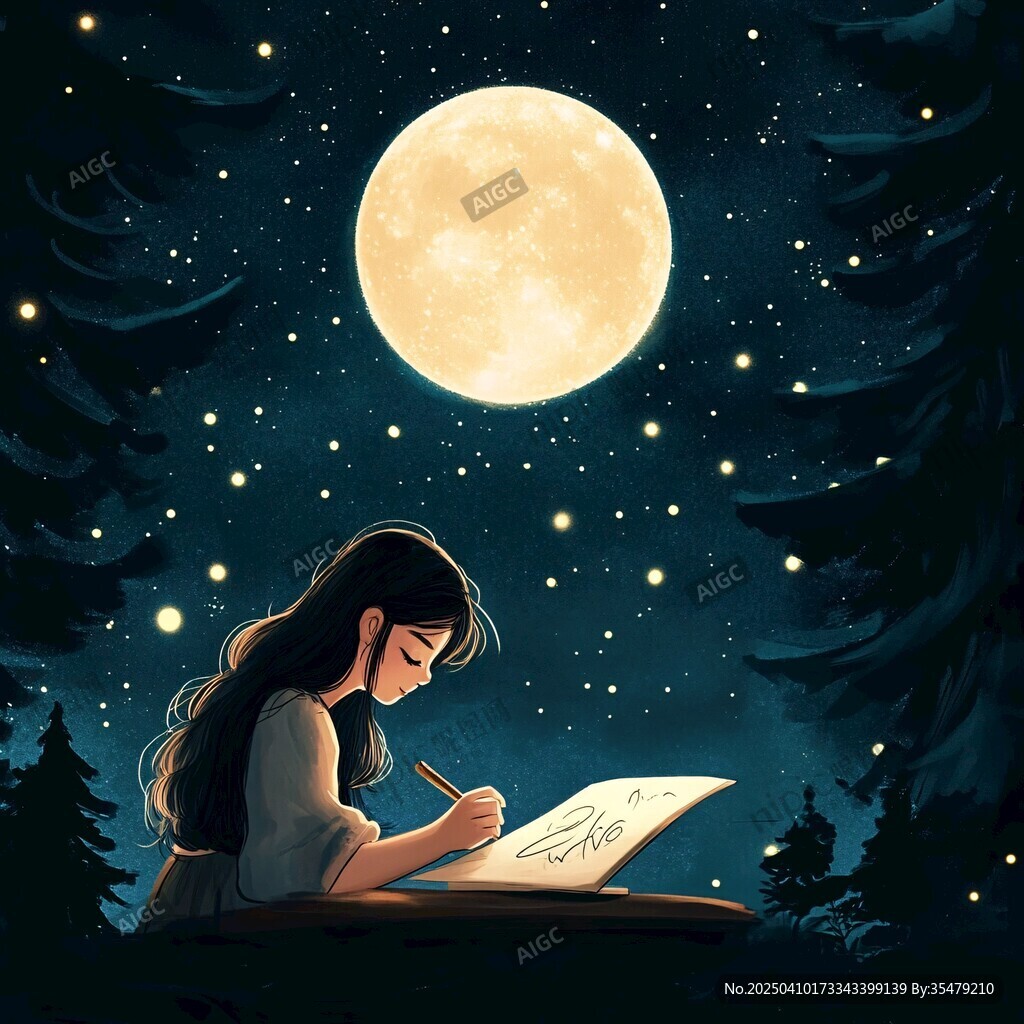 月夜下女孩专注绘画