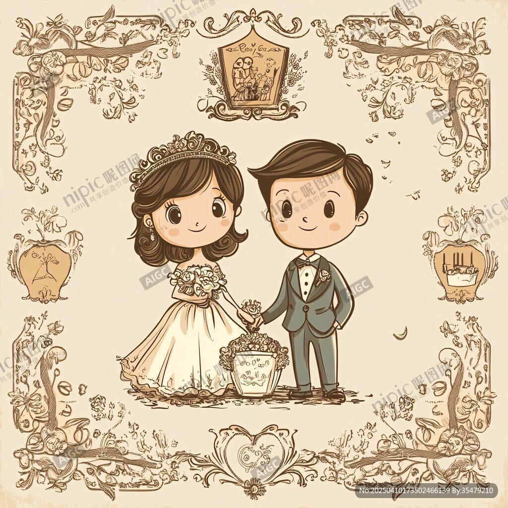 卡通风格新婚夫妇浪漫插画