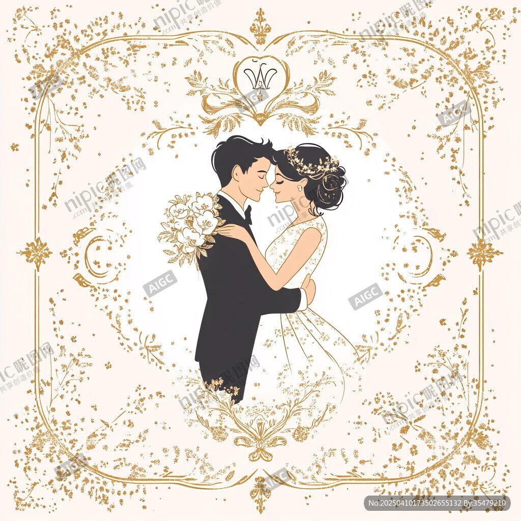 浪漫新婚夫妇优雅插画