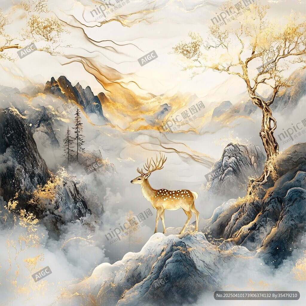 仙鹿临峰绘就灵韵山水图