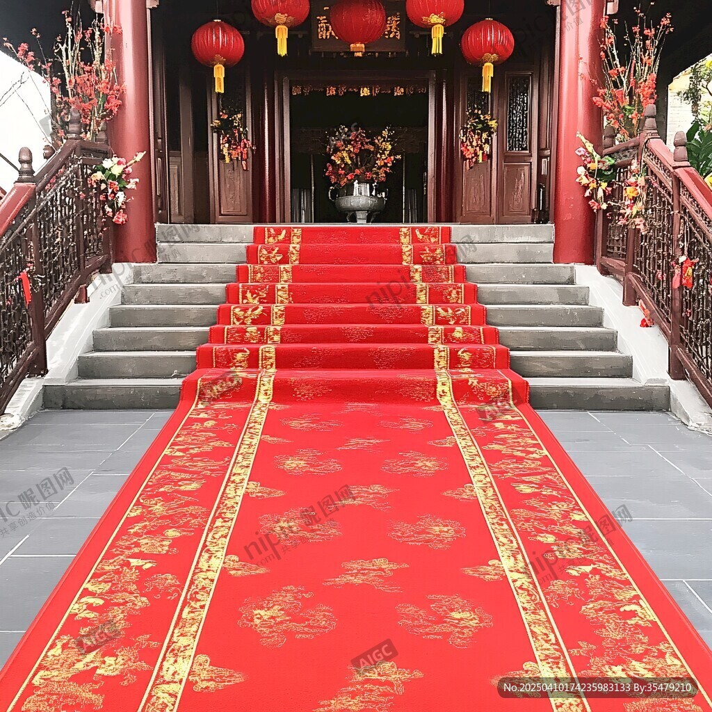 中式喜庆红地毯铺就台阶