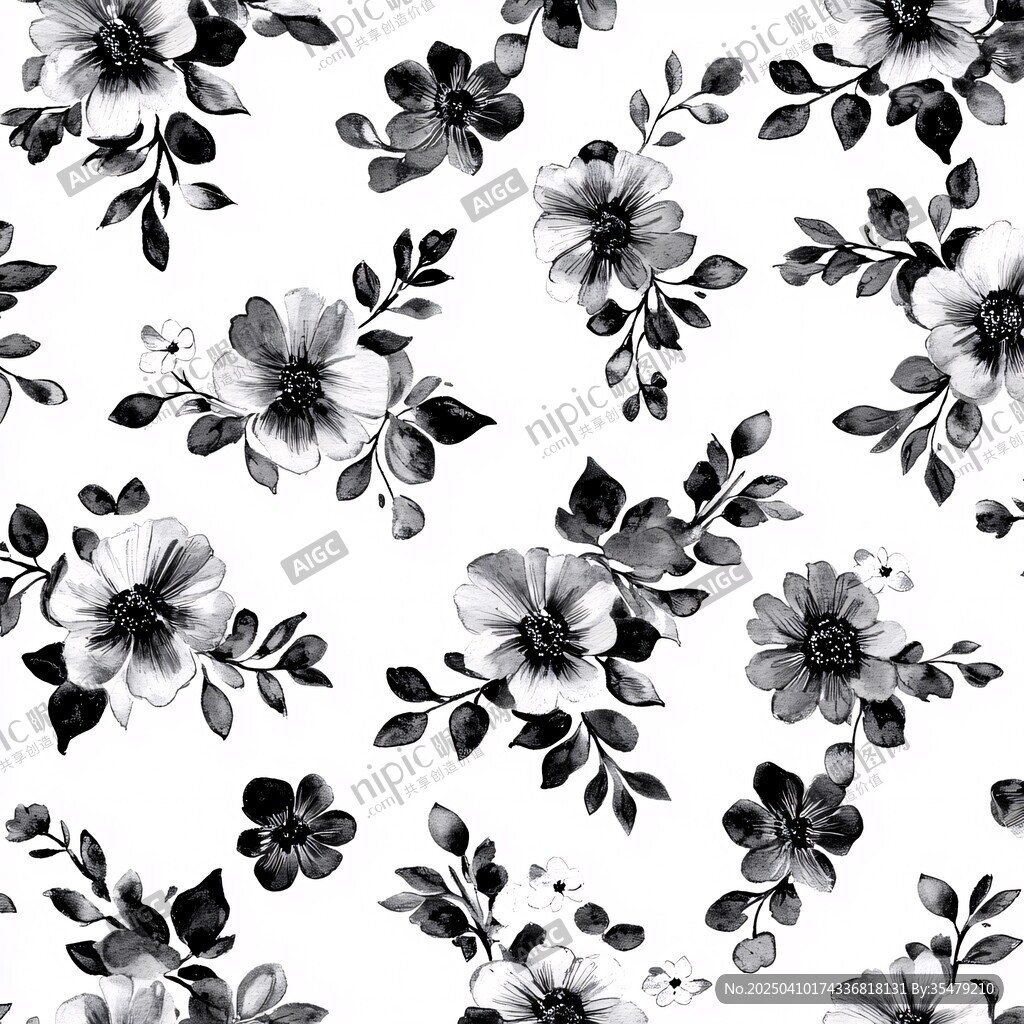 黑白花卉图案无缝背景图