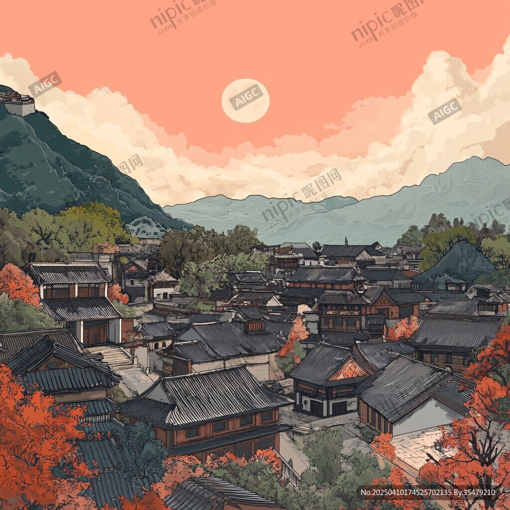 秋日山村月夜美景