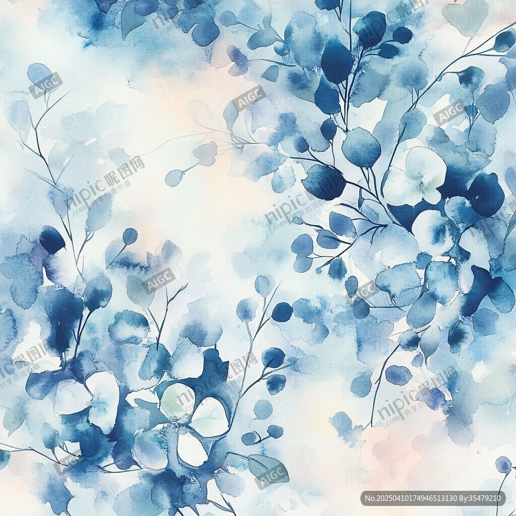 蓝调水彩花卉背景图案