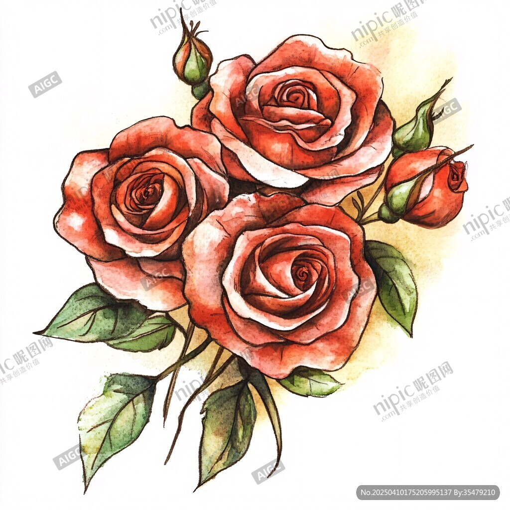 手绘红玫瑰花卉插画
