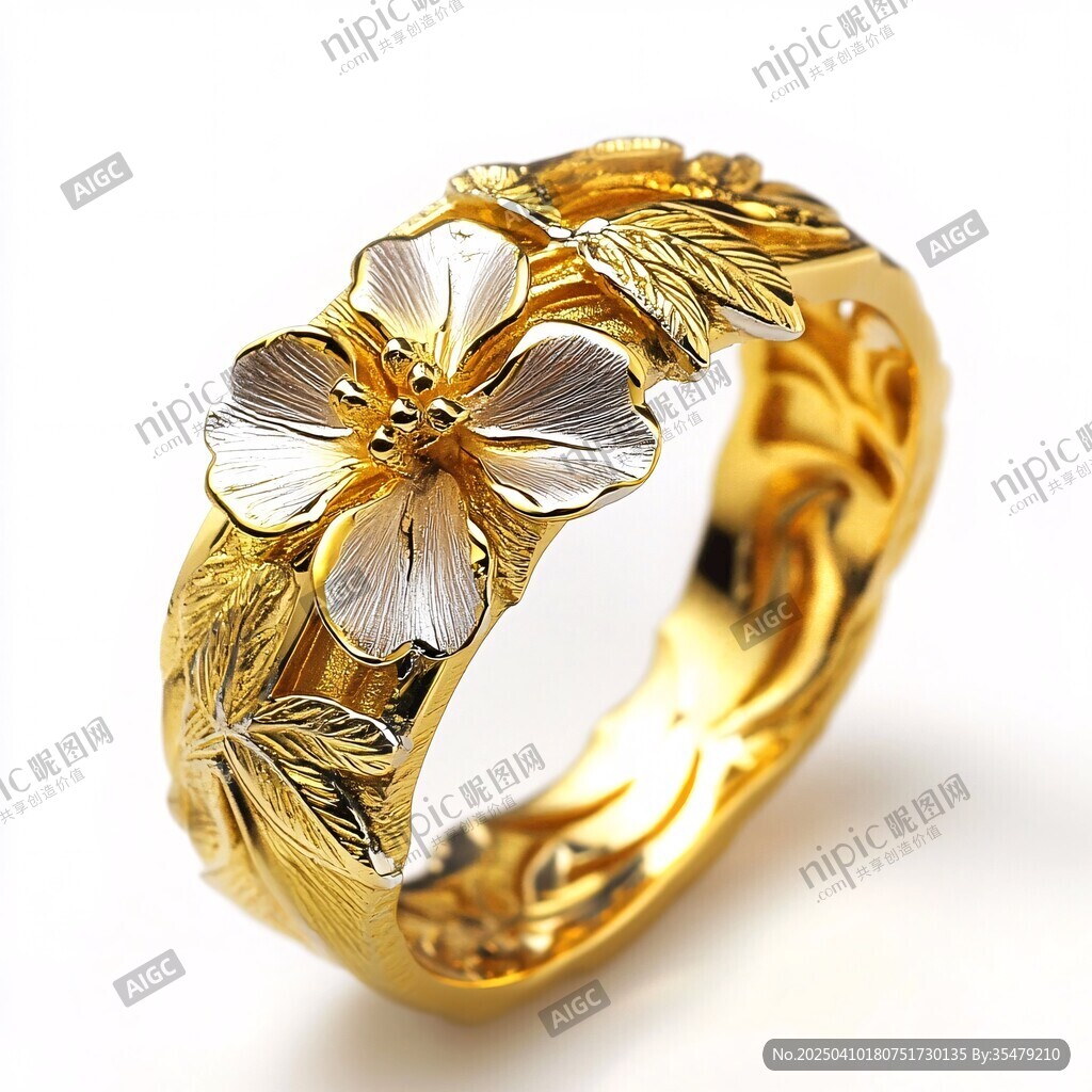 金戒指饰以花朵与叶片
