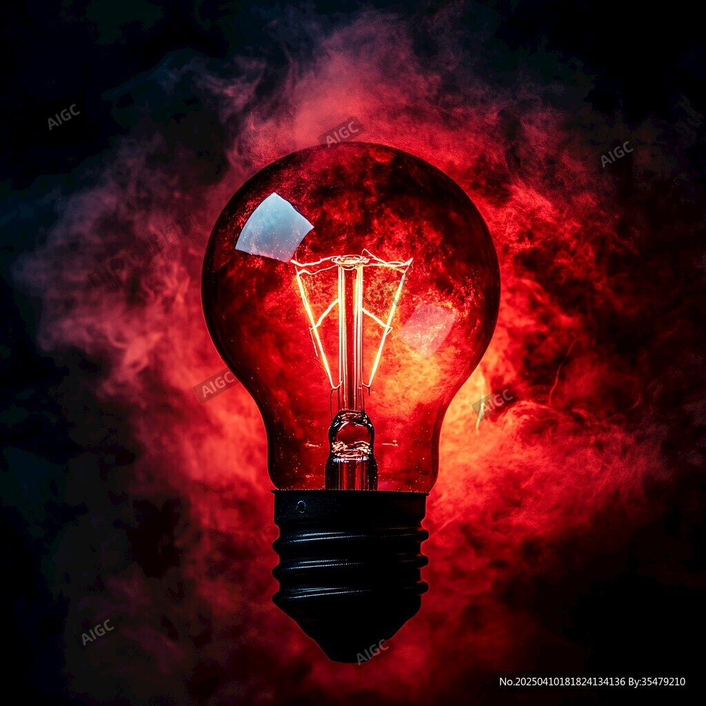 红色梦幻氛围中的发光灯泡
