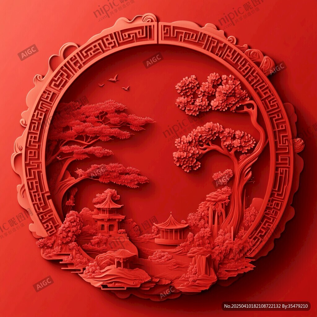中式红雕圆形山水景观图