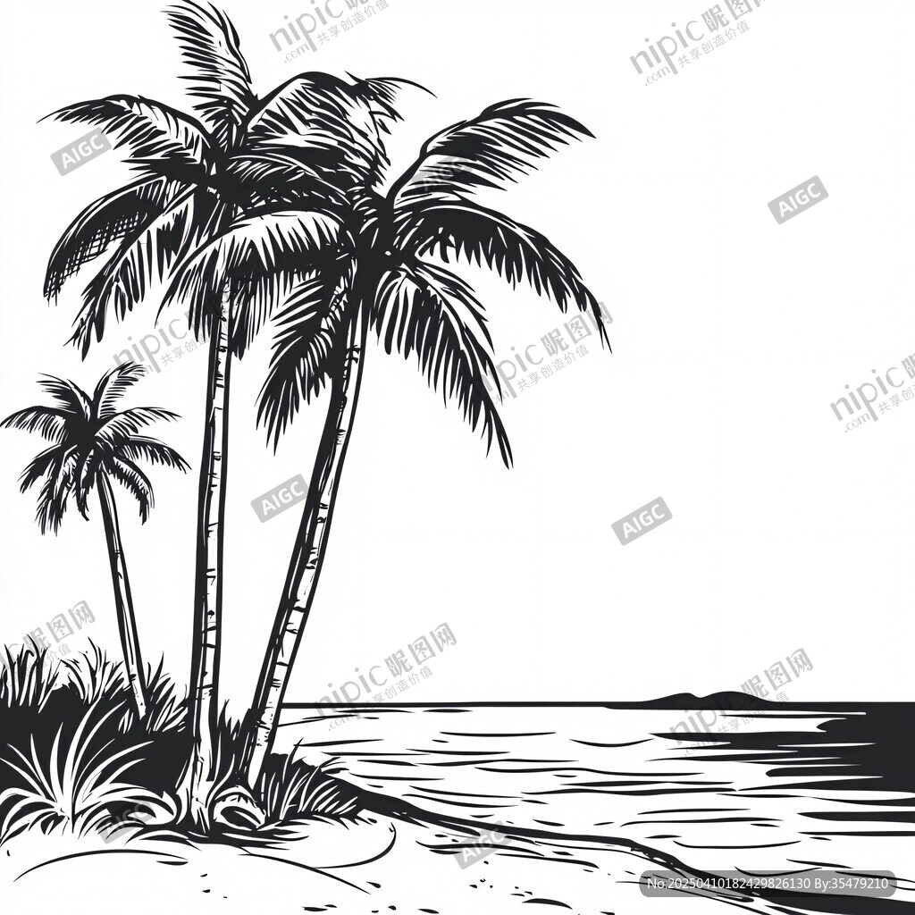海边椰树黑白风景插画