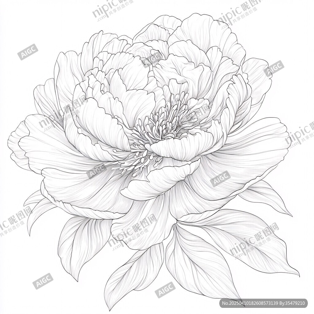 手绘线条牡丹花图稿