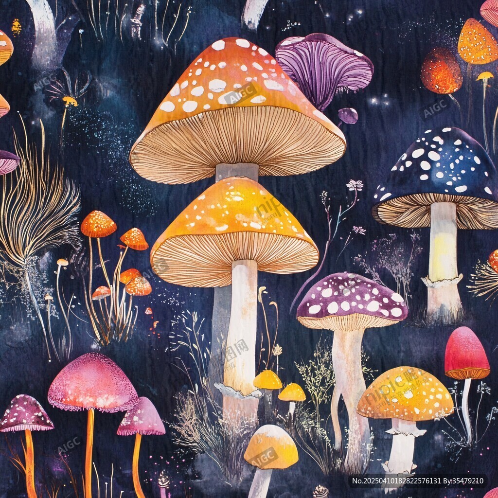 梦幻蘑菇森林水彩插画