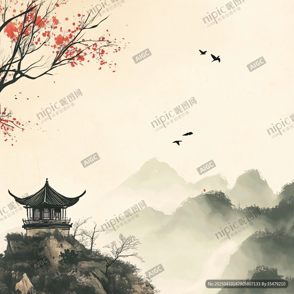 山间亭阁飞鸟图