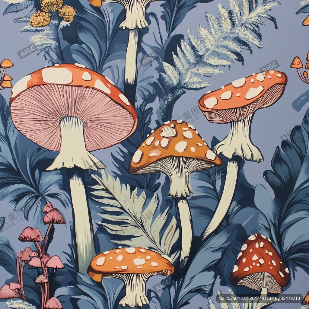 梦幻蘑菇与植物插画图案