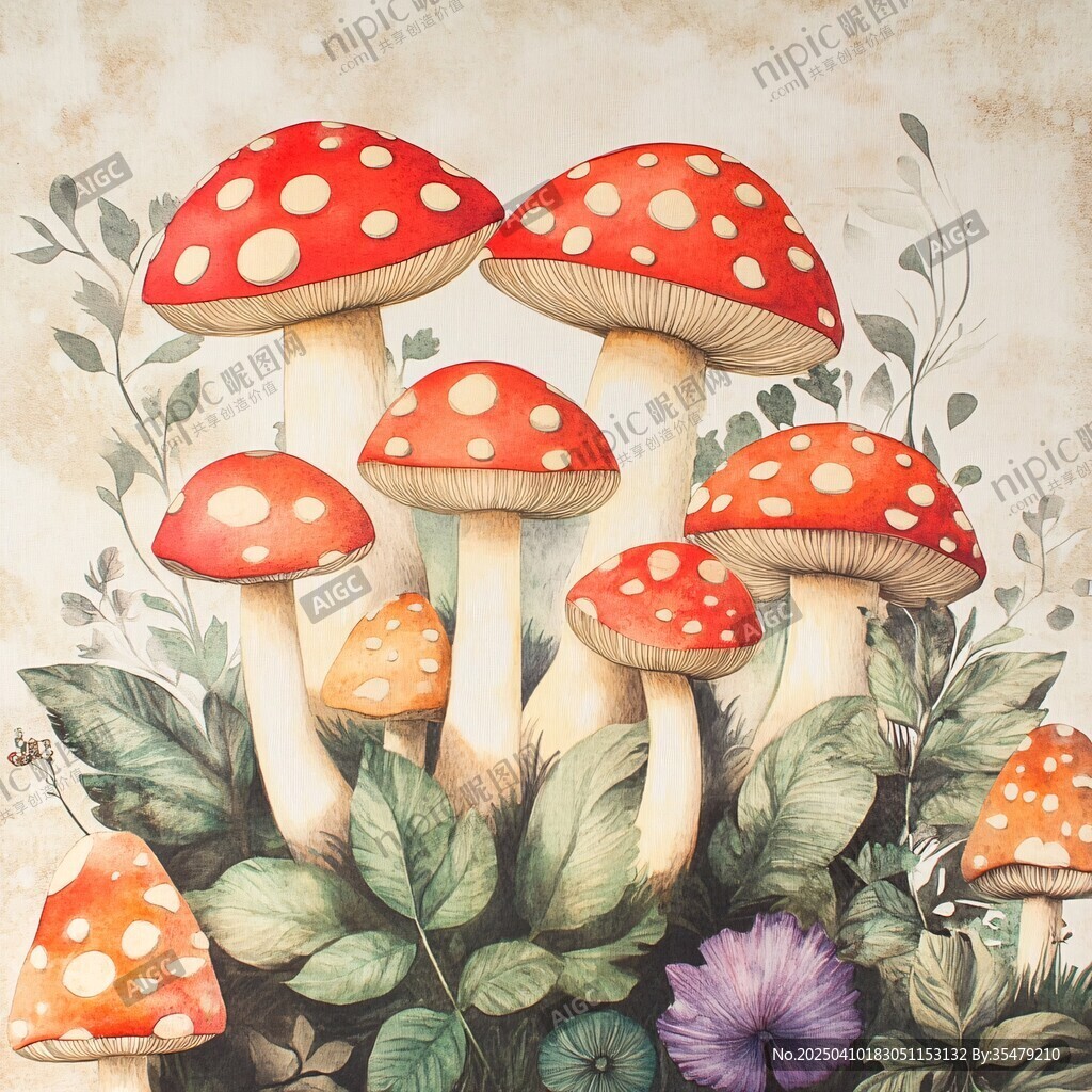 梦幻红蘑菇与绿叶插画