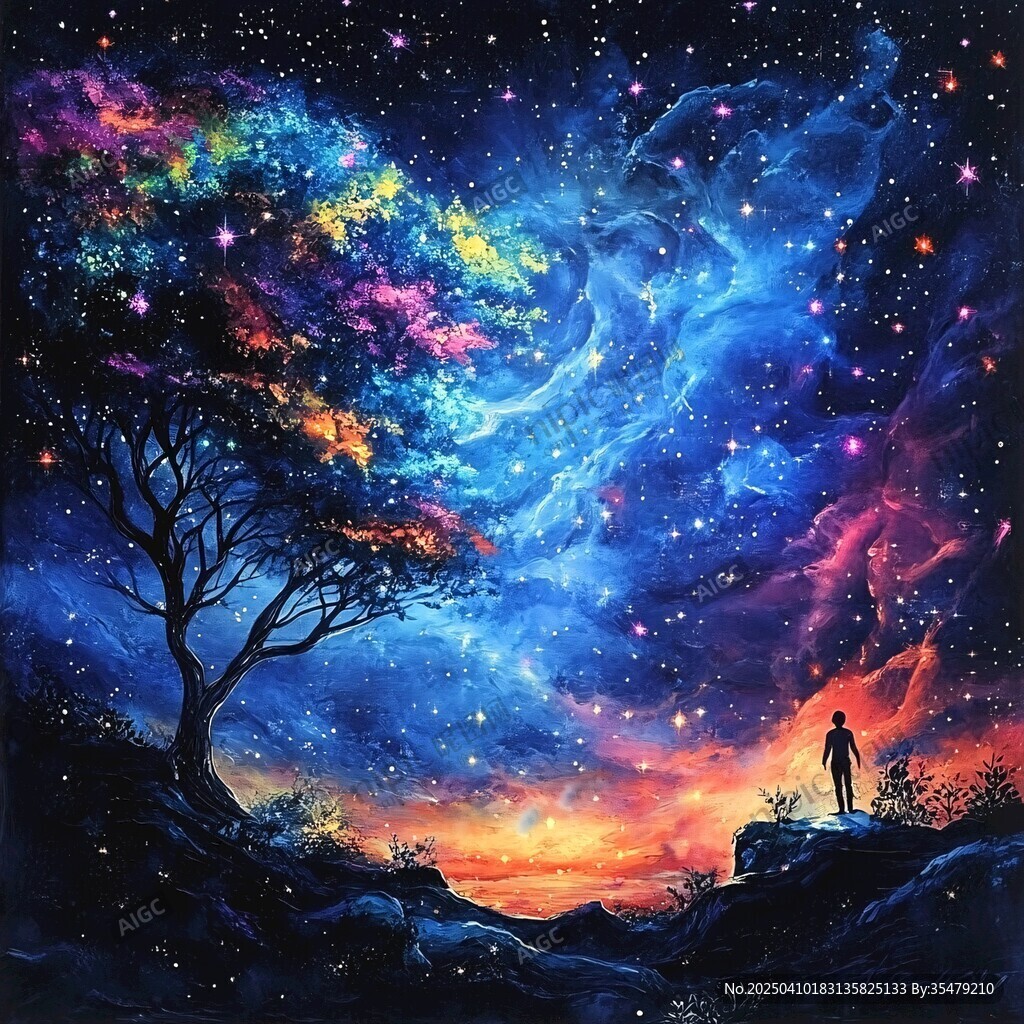 梦幻星空下的孤独身影