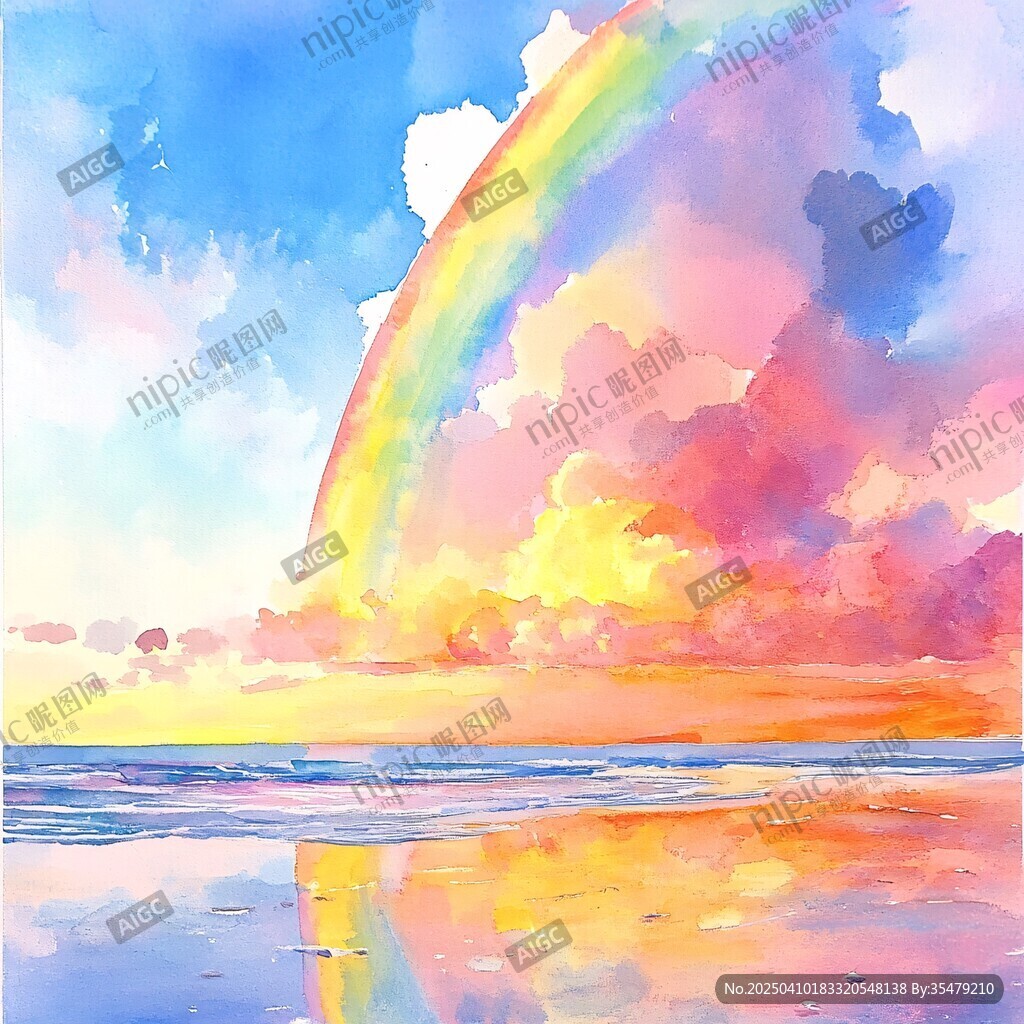 海边彩虹梦幻水彩画景