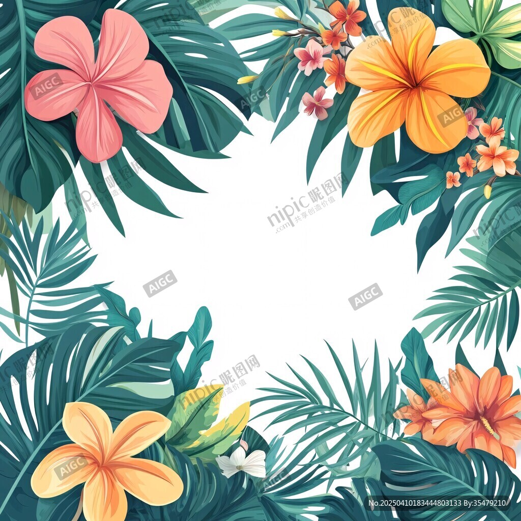 热带花卉绿叶装饰画框