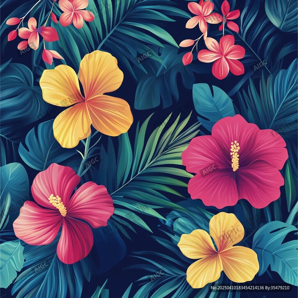 热带花卉与绿叶图案设计