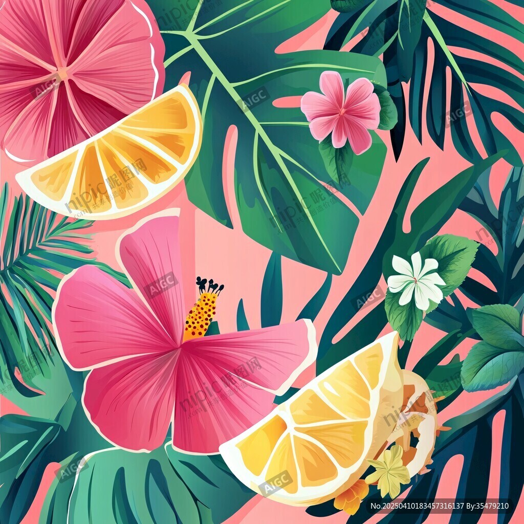 热带花卉柠檬叶清新插画