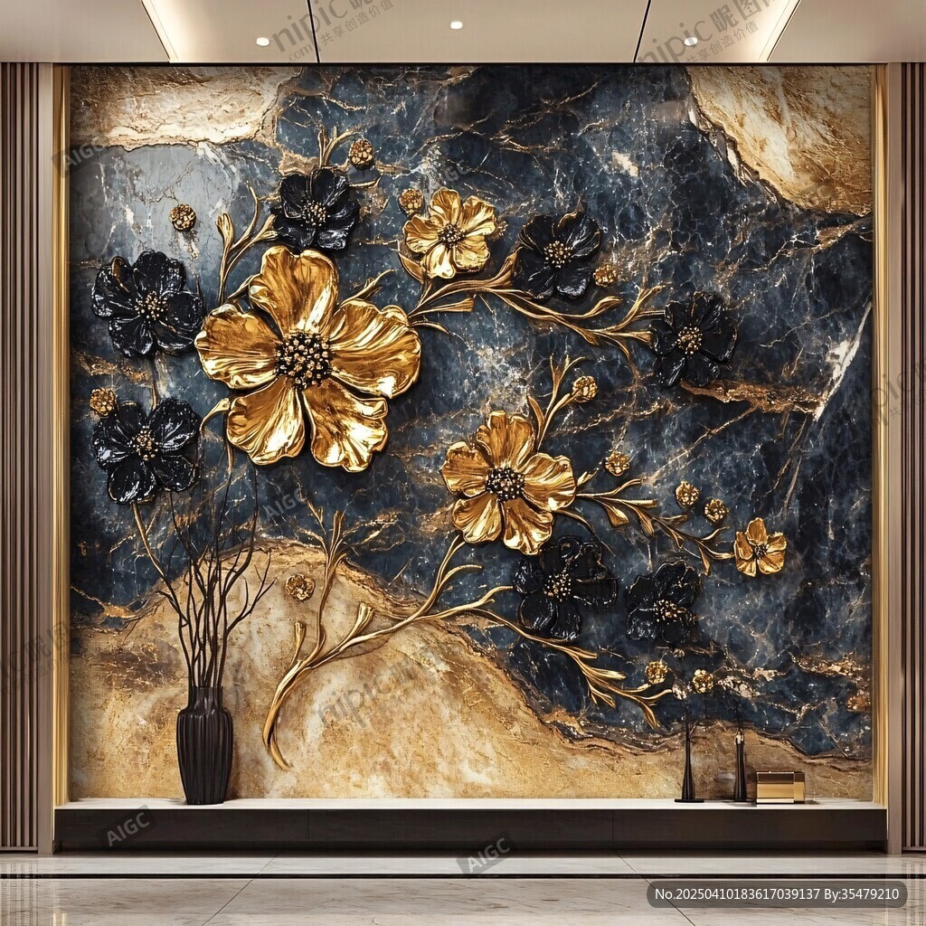 奢华金黑花卉大理石背景墙