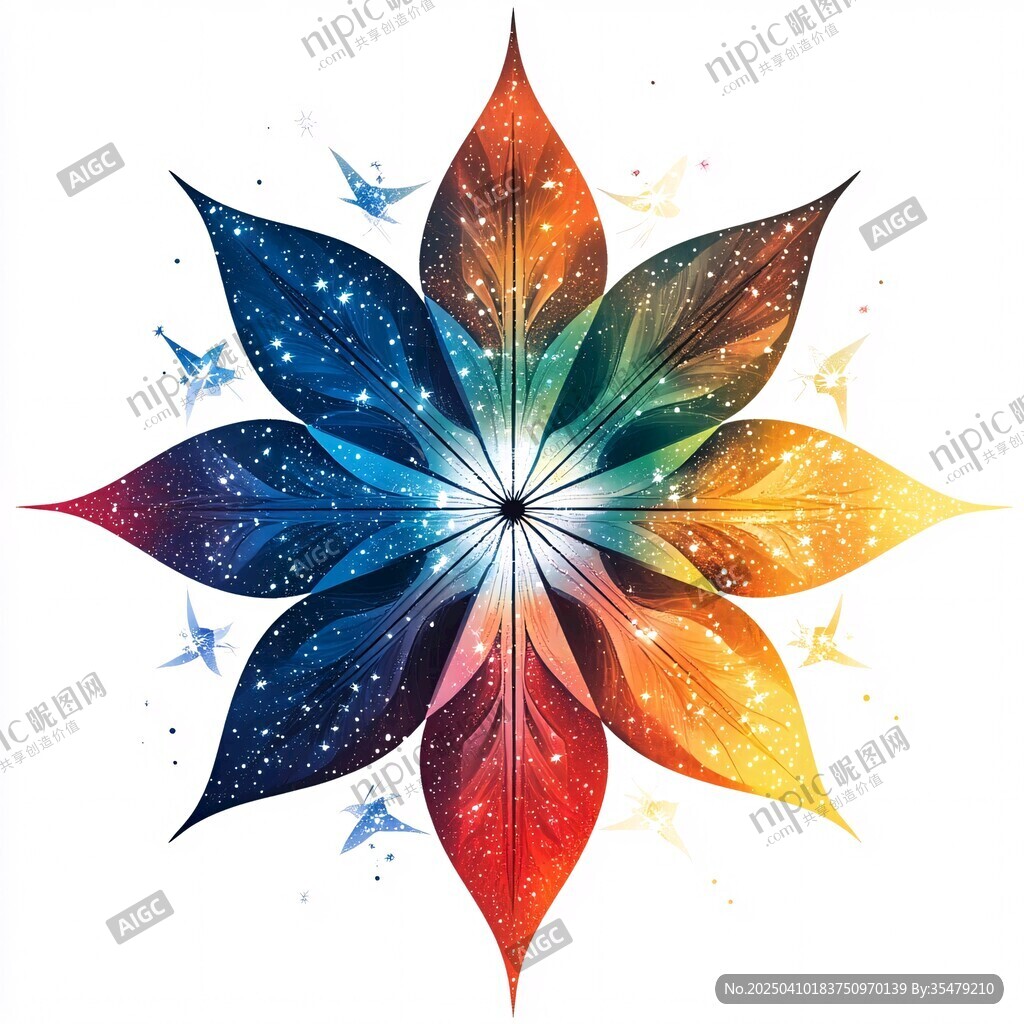梦幻多彩花朵与飞鸟图案