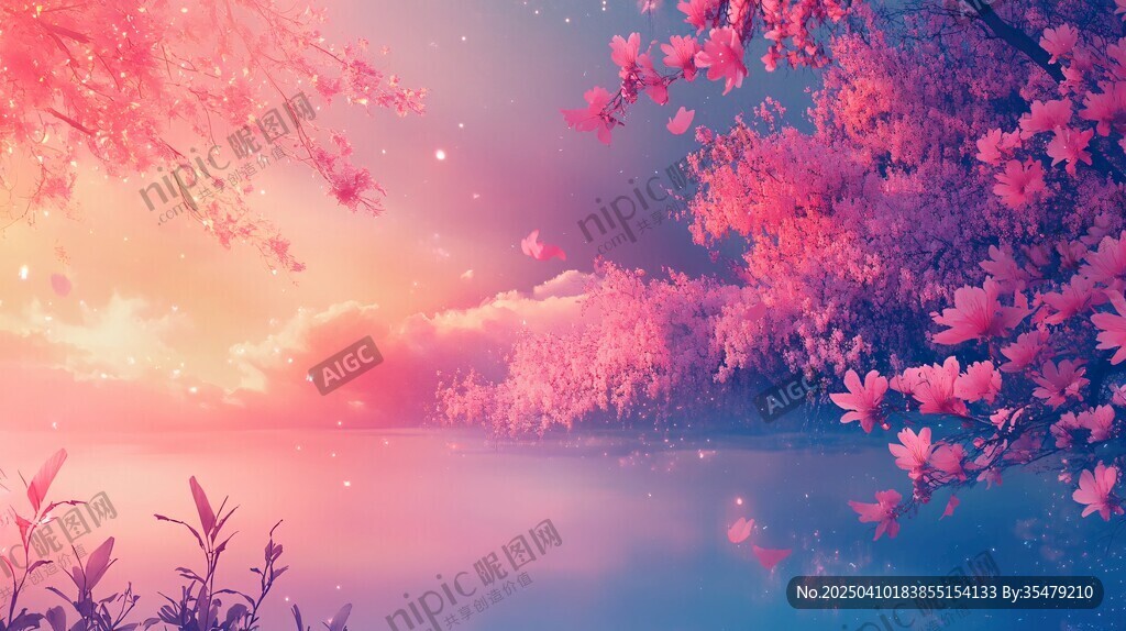 梦幻粉色樱花湖畔美景