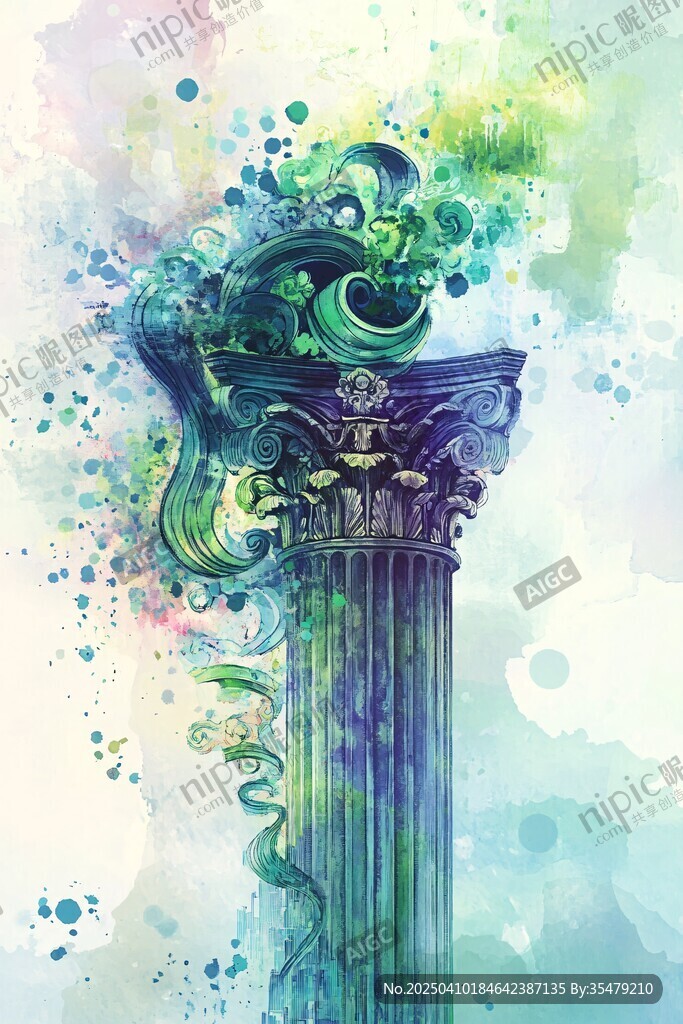 水彩绘罗马柱奇幻艺术风