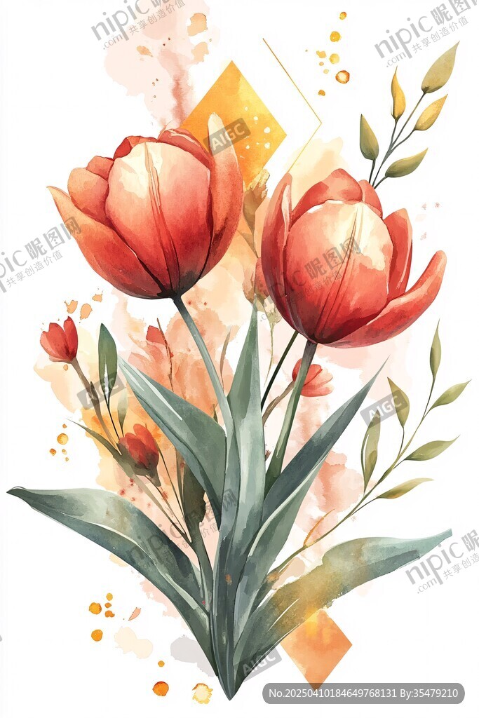 水彩风红色郁金香花卉插画