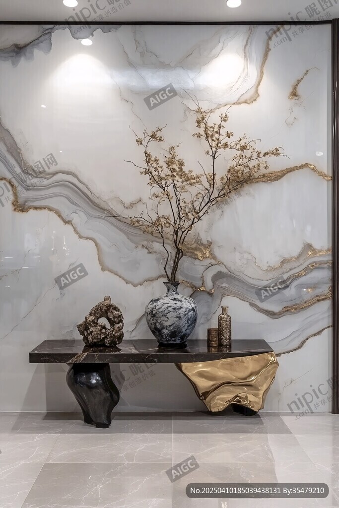 大理石墙前的雅致摆件