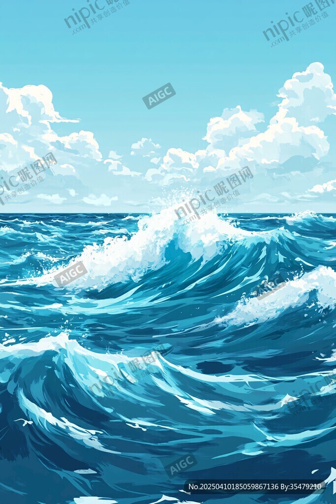 蓝色海洋中的翻涌浪花