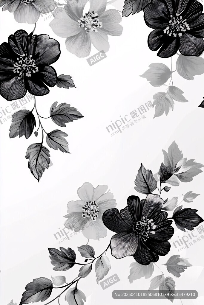 黑白花卉图案装饰画