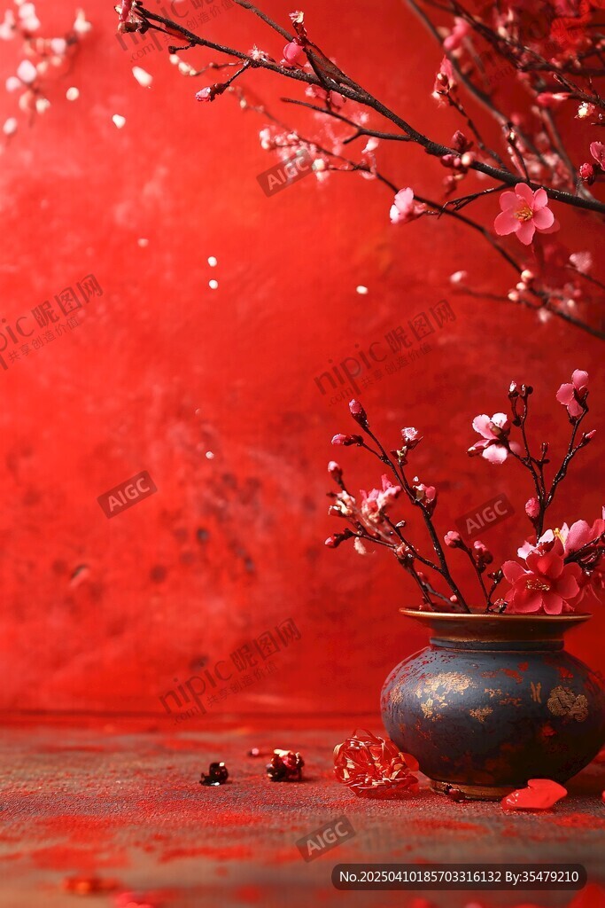 红梅绽于古瓶红墙之景