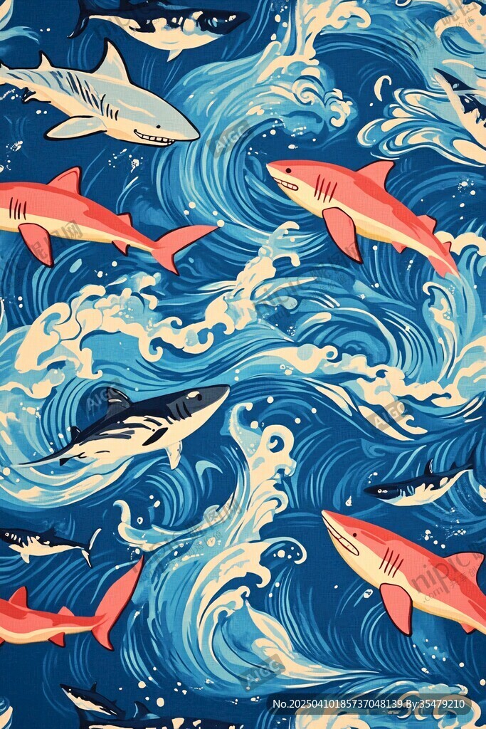 海洋中鲨鱼与波浪的奇幻画面