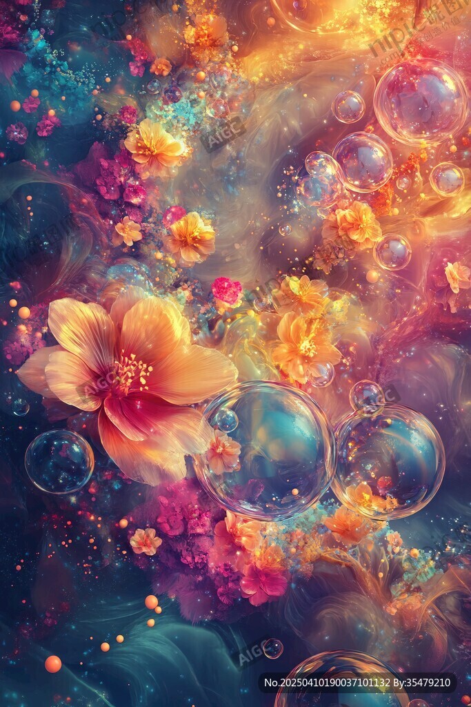 梦幻花卉与泡泡的绚丽图景