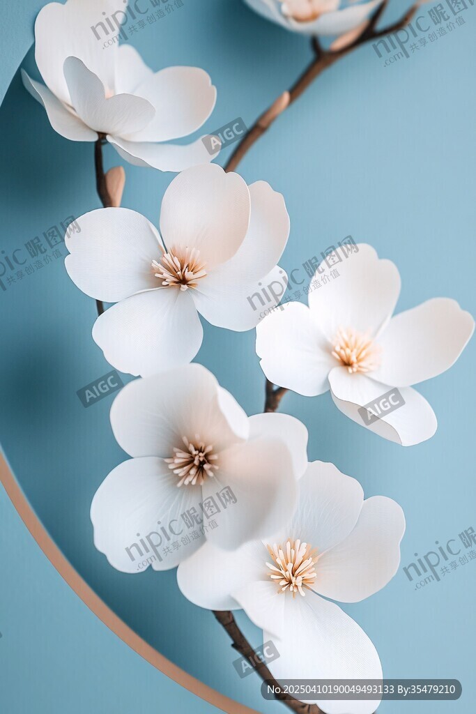 玉兰花枝绽放于蓝调背景