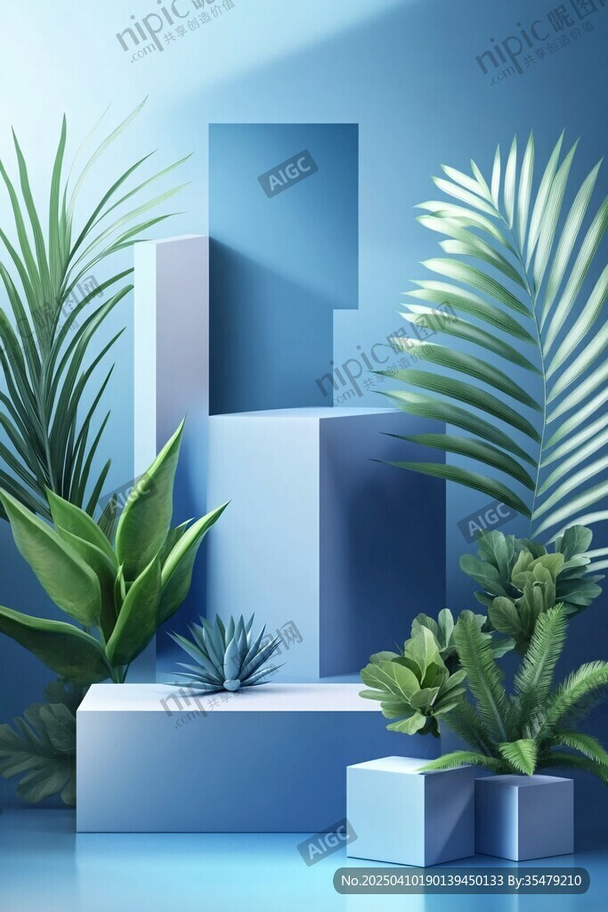 蓝色背景的绿植与几何造型
