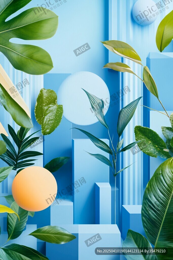 清新绿植与几何蓝色空间