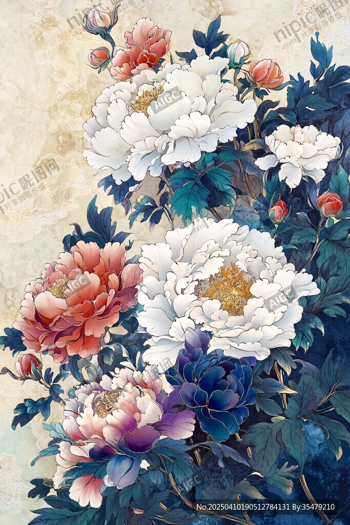 国色牡丹花卉艺术插画