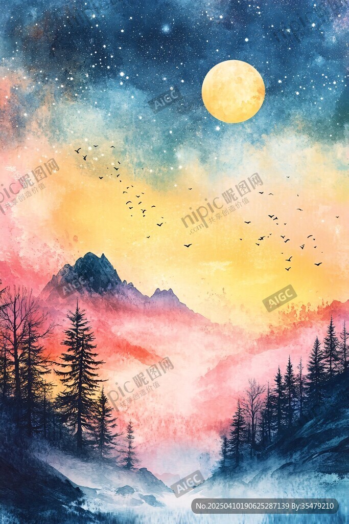 梦幻月夜山林美景