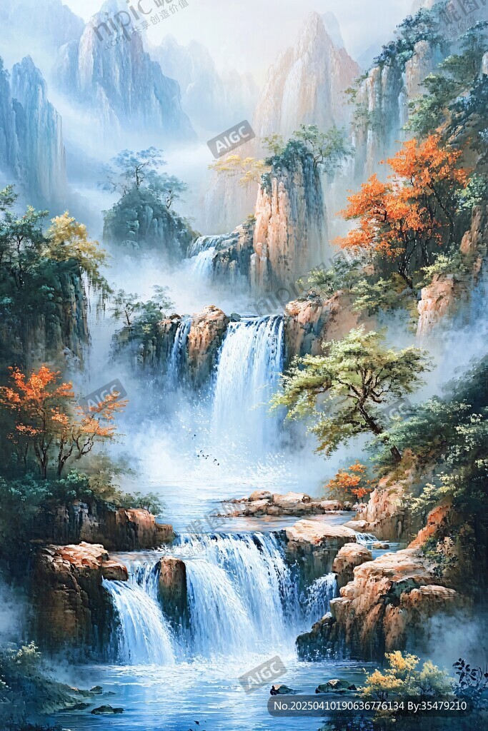 山间飞瀑秋景
