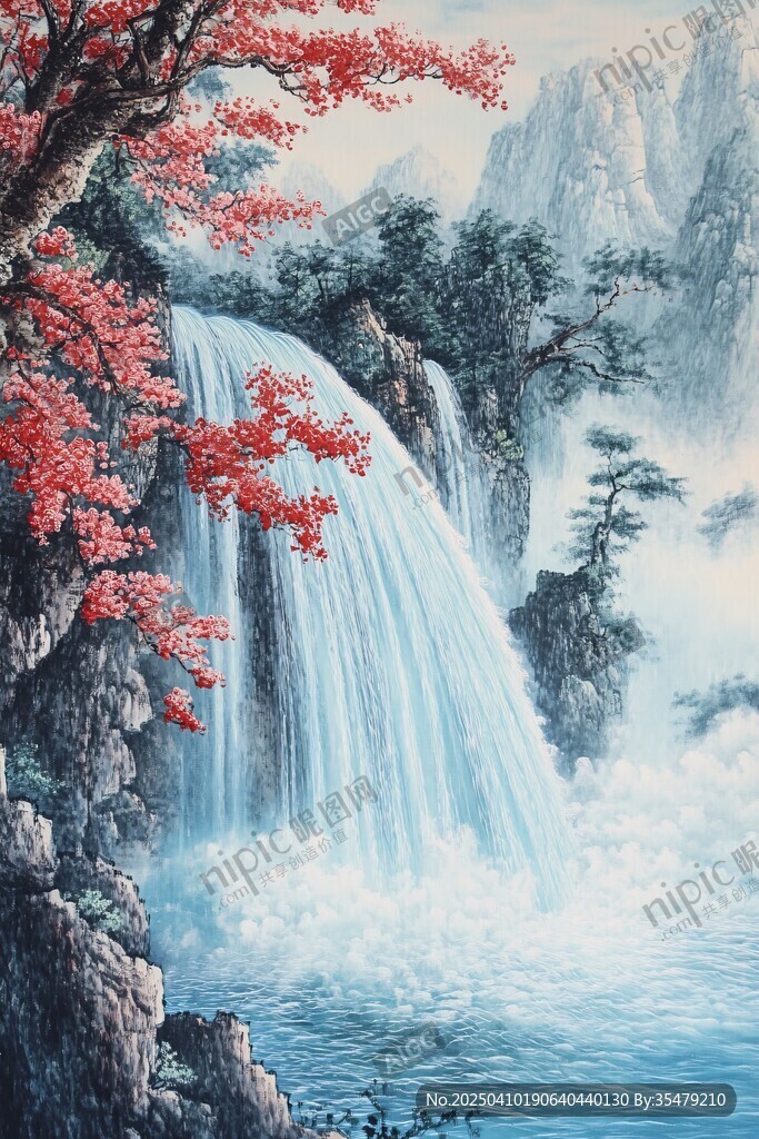 山水间飞瀑与红叶之景