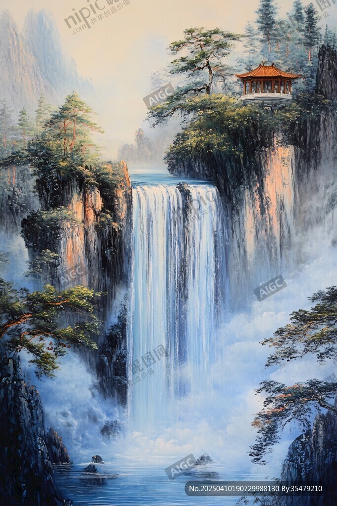 山间飞瀑旁的静谧亭阁