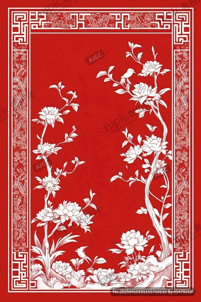 中式红底白描花卉图案